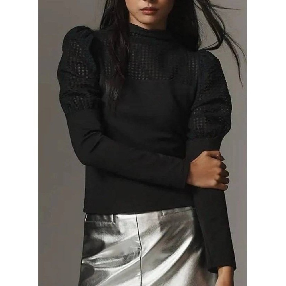 Maeve Black Puff Sleeve Button Down Style Top